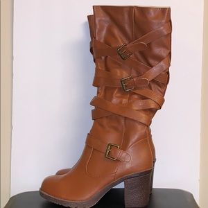 Kalli BelowKnee Brown Leather Strappy Heeled Boots